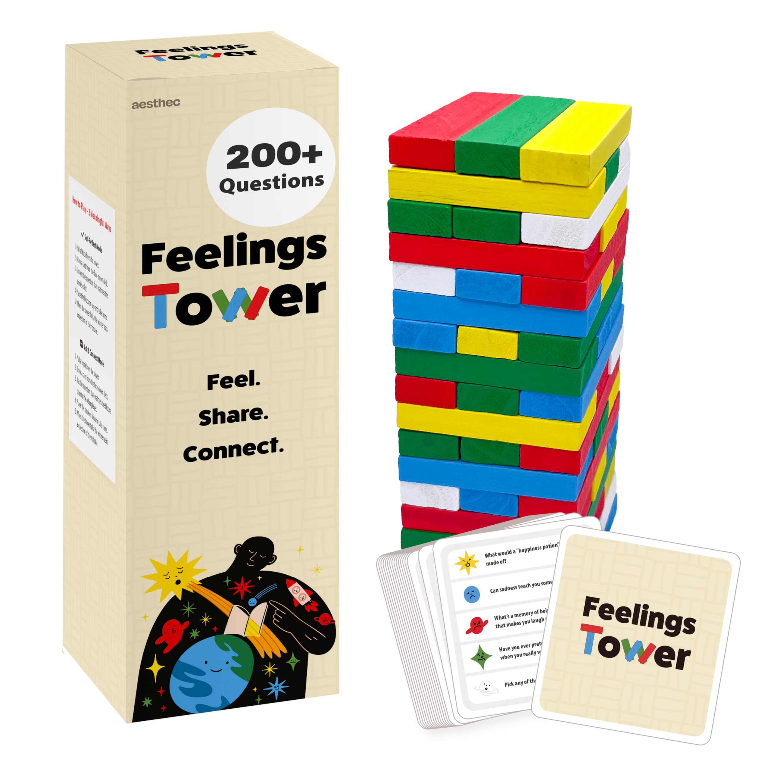Photo 1 of Feelings Tower Therapy Game for Kids & Teens – Emotion Regulation Stacking Blocks with Conversation Cards, 208 CBT Questions for Therapeutic Learning, Educational Play, Connection and Social Skills