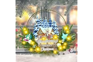 AMADECOHOME Light up Christmas Wreaths for Front Door, Welcome Metal Wooden Door Wreath Decor Hanging Sign, 30 LED Lighted Wall Decor Battery Operated for Christmas Indoor Outdoor (Deer)