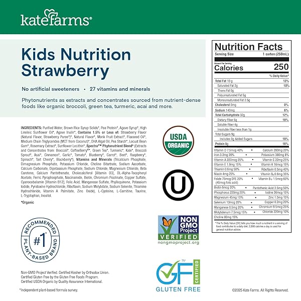 KATE FARMS ORGANIC KIDS NUTRITION STRAWBERRY SHAKE, 8G PROTEIN, 27 VITAMINS AND MINERALS, MEAL REPLACEMENT, GLUTEN FREE, NON-GMO, 8.45 OZ (6 PACK)