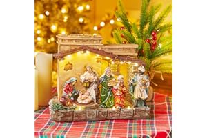 BRIGHTOWN Lighted Christmas Nativity Set Indoor 9.3 Inch Village Resin Stable Manger Nativity Figurine with Music, Battery Operated Light up Tabletop Decorations for Interior Holiday Displays Ornament Gift