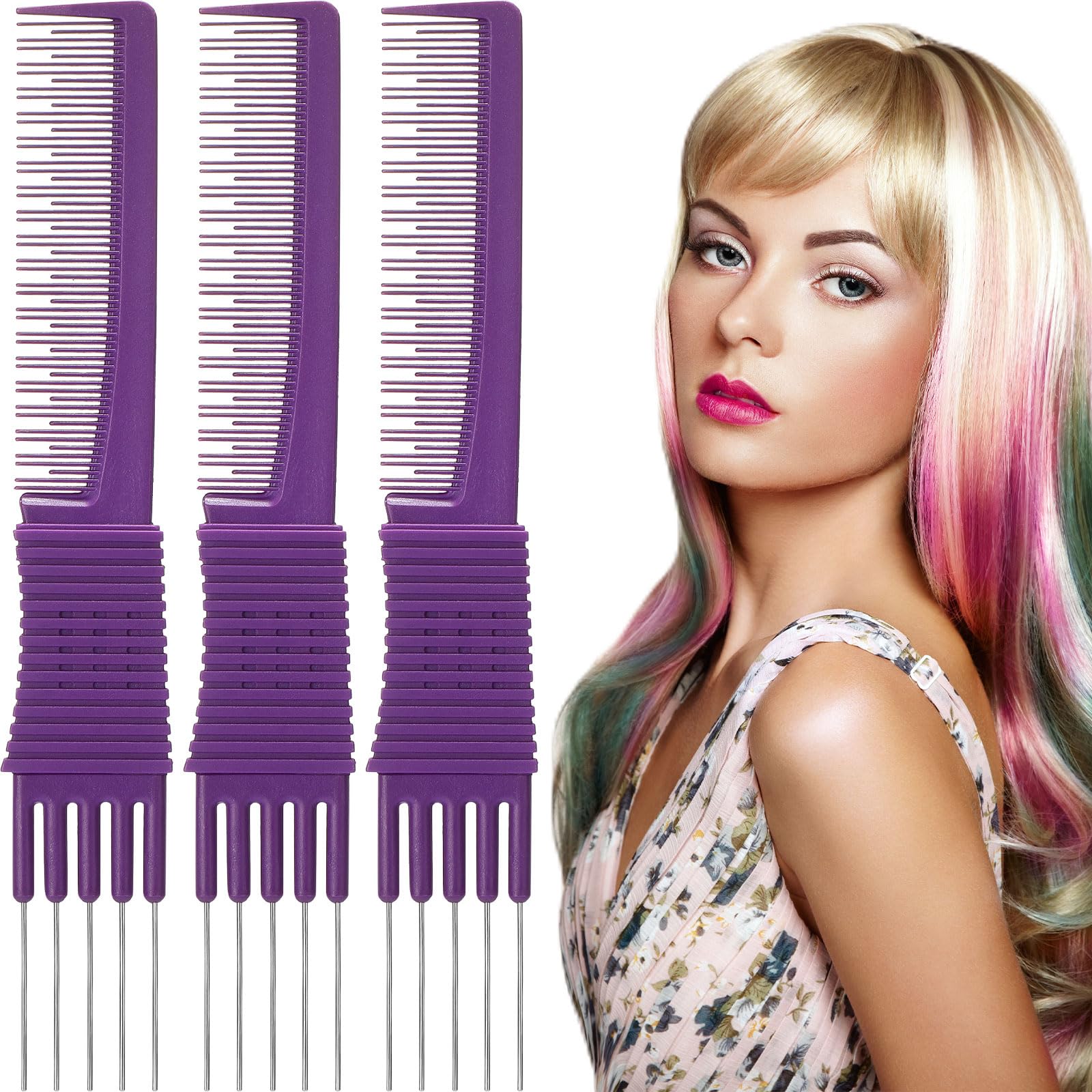 Photo 1 of Leinuosen 3 Pack Carbon Lift Teasing Combs with Metal Prong, Hair Pick Comb for Women Hair Styling(Purple)