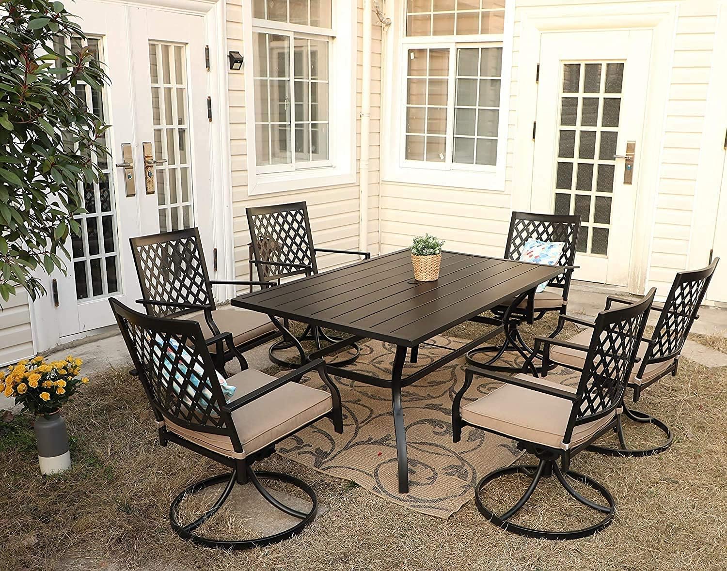 PHI VILLA Outdoor Patio 60" x 38" Rectangle Dining Table for 6-8 Person with Umbrella Hole, Classic Black: Kitchen & Dining