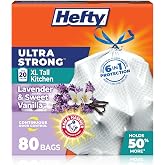 Hefty Ultra Strong 20G XL Tall Kitchen Trash Bags, Lavender Vanilla, 80ct | Holds 50% More Than 13G, 20 Gallon White Trash Bags with Drawstrings, Continuous Odor Control, Resists Leaks, Punctures, Rips