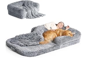 EHEYCIGA Foldable Human Dog Bed, 72"x44"x11" Orthopedic Memory Foam Human Sized Dog Bed, Waterproof Pet Bed for People, Faux Fur Pet Couch for Adult with Non-Slip Bottom, Grey