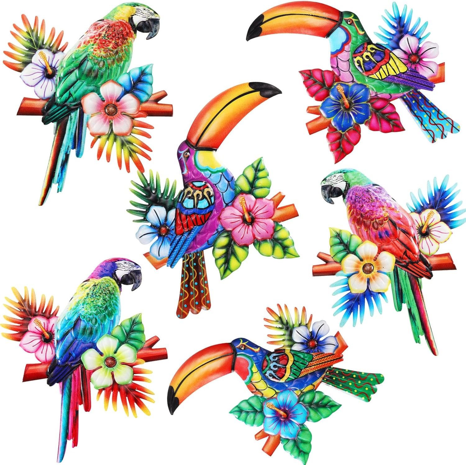 Plaques & Wall Art - Gisafai 6 Pcs Metal Parrot Toucan Outdoor Wall Decor Bird Wall Art Decor Outdoor Tropical Decor Outside Wall Art Backyard Fence Decor Tropical Bird Wall Sculpture Hanging for Garden Yard Patio Home