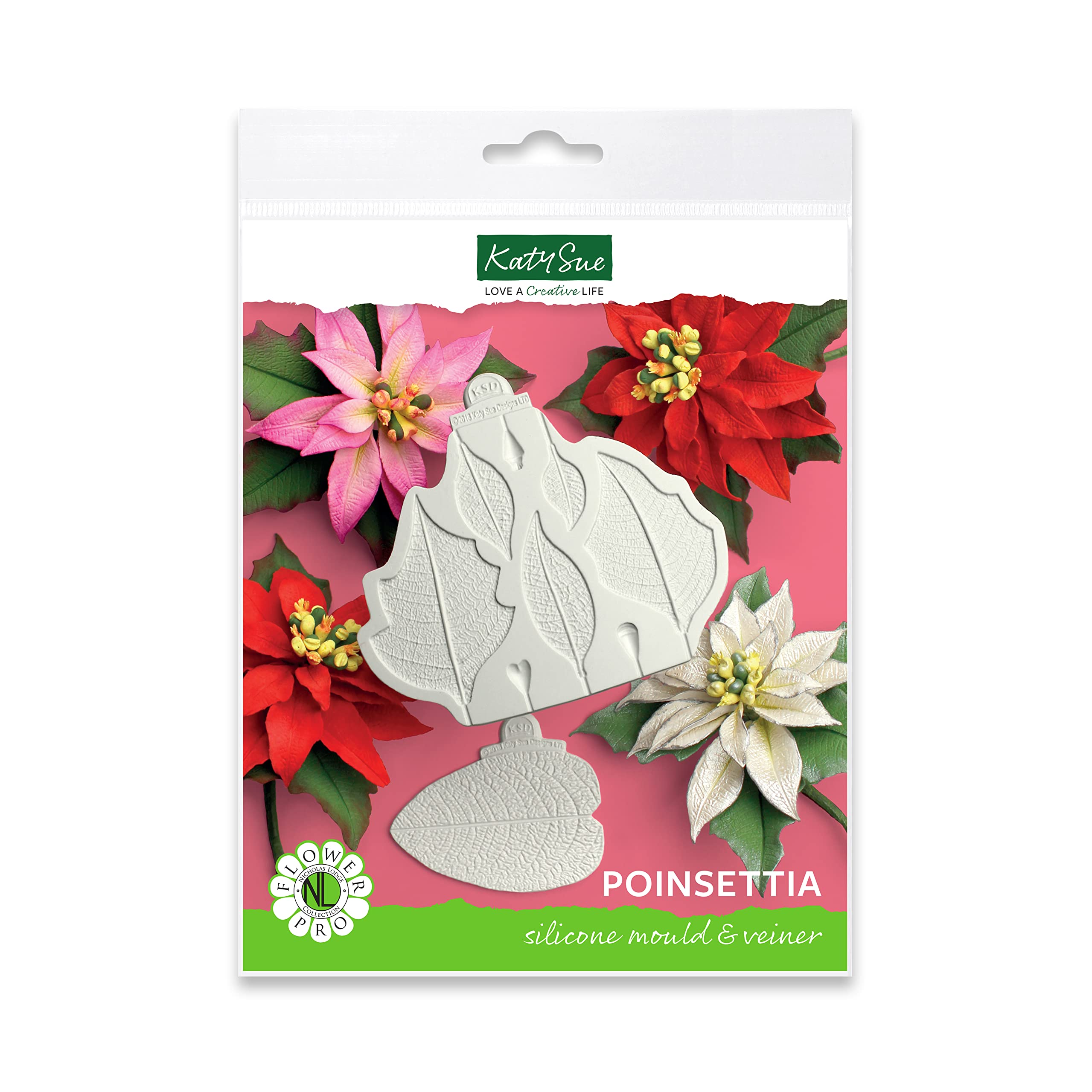 Flower Pro Poinsettia Mould & Veiner Silicone Mould by Katy Sue for Christmas Cake Decorating & Crafts - Contains 2 Moulds: 1 Petals, Leaves & Stamen, 2 Back Veiner