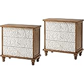 LONYKE 3 Drawer Farmhouse Dresser x 2P with Embossed Weathered Flower Motif, Vintage Nightstand for Bedroom, Almost Fully-Ass
