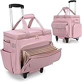 LUXJA Rolling Teacher Bag with Laptop Compartment and Detachable Dolly, Multifunctional Rolling Briefcase with Accordion File Area (Patented), Pink