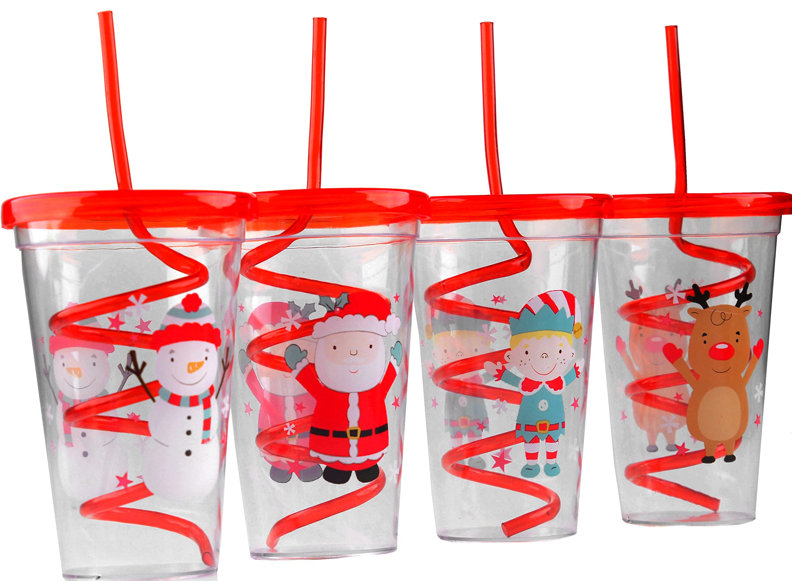 Blue Whale Gifts Set of 4 Plastic Christmas Drinking Cups for Kids, Swirling Spiral Lid and Straw