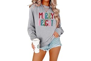 YALUCOR Merry Christmas Sweatshirts Women Merry And Bright Christmas Pullover Top Chenille Patch Letter Printed Xmas Gifts Top