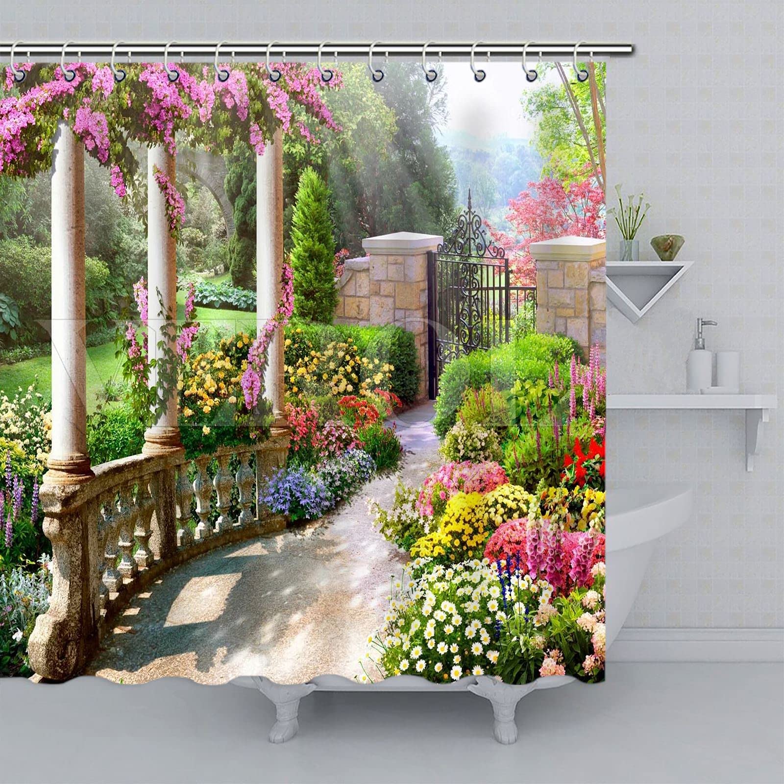 Outdoor Shower Curtain for Garden The Road Through The Park With Pillars Flower Garden Scenery Pattern Waterproof Bathroom Curtains with 12 Hooks 72 x 72 Inch