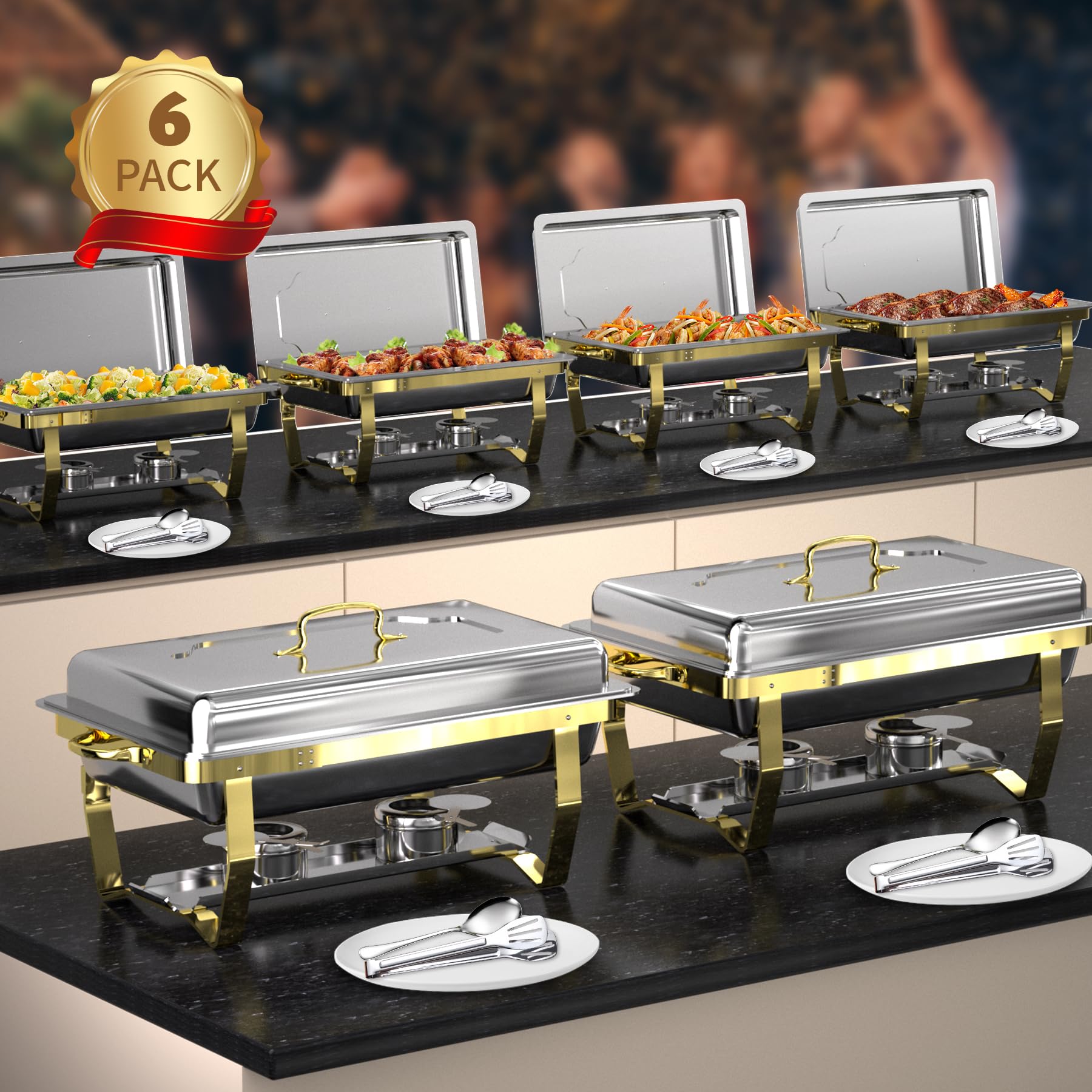 Photo 1 of Chafing Dishes for Buffet Pack of 6, 8QT of Food Warmers for Parties, Buffet Servers and Warmers,Semi Gold Chafing Dish Buffet Set, Elegant Catering Supplies Buffet Display Set with Tongs and Spoons