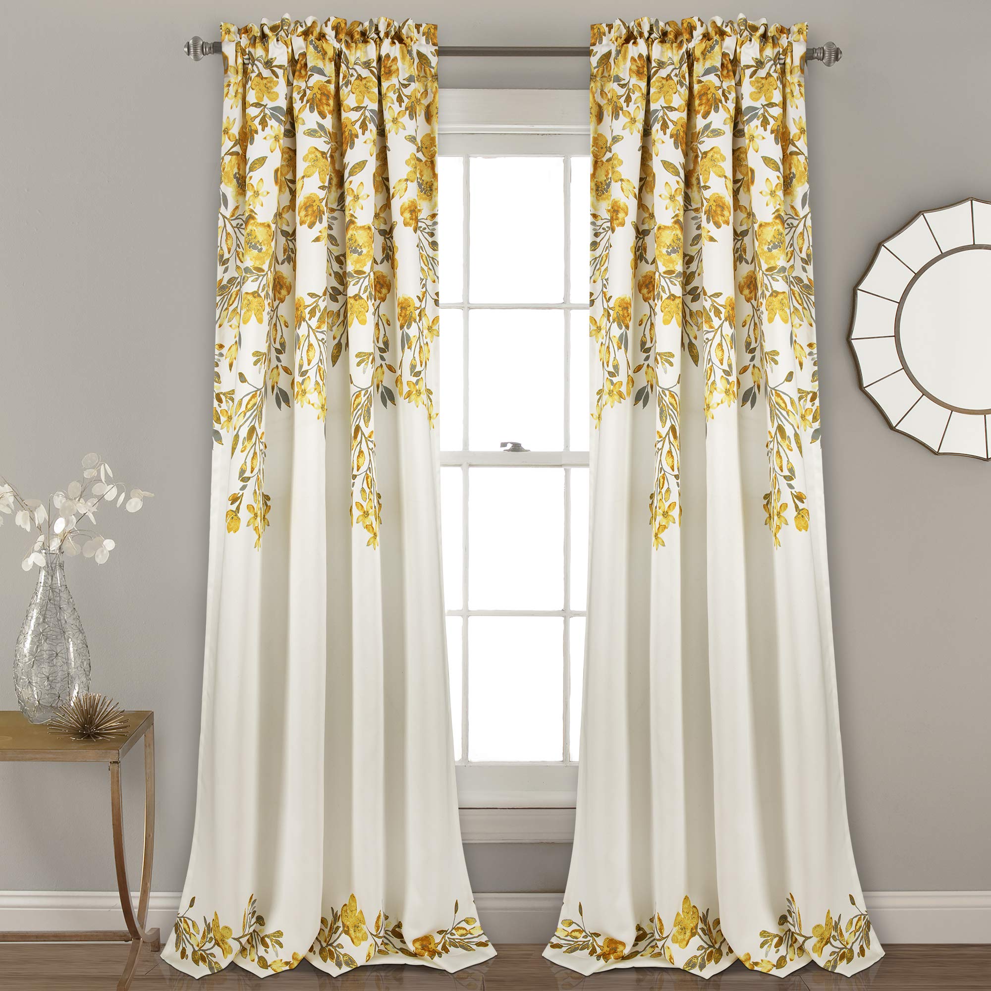 Lush Decor Tanisha Curtains - Light Filtering Window Panel Set, Pair - Floral Vine Print, Beautiful, Modern, Elegant Home Decor - 52" W x 84" L, Yellow & Gray — image 1