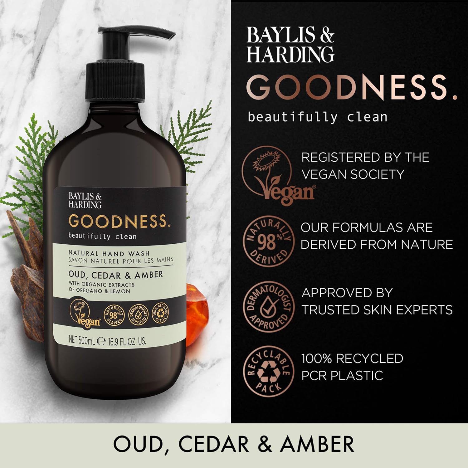 Baylis & Harding Goodness Oud, Cedar and Amber 3 x 500 ml Hand Wash and 3 x 500 ml Body Wash