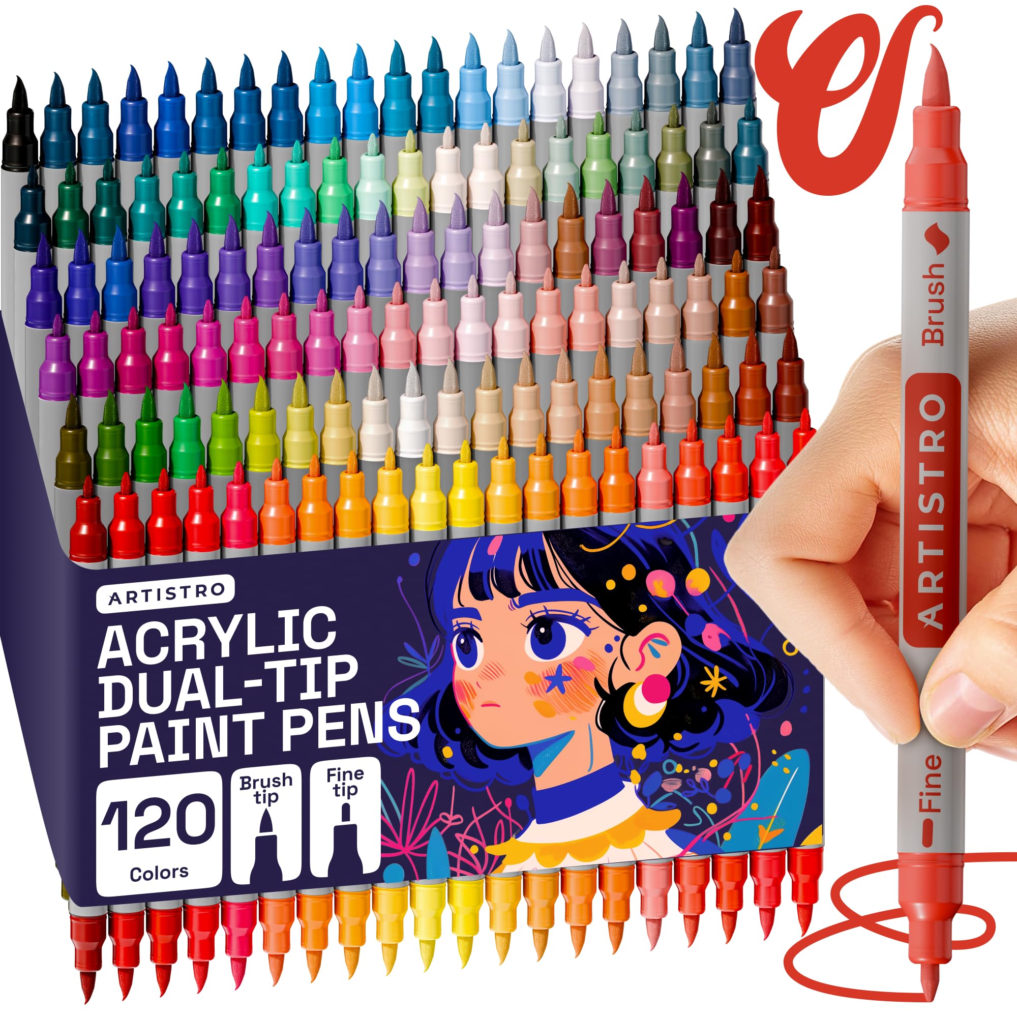 ARTISTRO 120 Dual Tip Brush + Fine Acrylic Paint Pens Ideal for Calligraphy - Paint Markers for Fabric, Rock, Glass, DIY - Stocking Stuffers, Christmas Gift Idea for Teens, Grandkids, Kids Image ARTISTRO 120 Dual Tip Brush + Fine Acrylic Paint Pens Ideal for Calligraphy - Paint Markers for Fabric, Rock, Glass, DIY - Stocking Stuffers, Christmas Gift Idea for Teens, Grandkids, Kids Image
