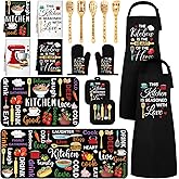 Bencailor 17 Pcs Farmhouse Kitchen Decor Accessories, Christmas Baking Gift | Multicolored Black Kitchen Rug and Mat, Oven Mitts and Pot Holders, Apron, Dish Towels, Wooden Spoons for Home Decor