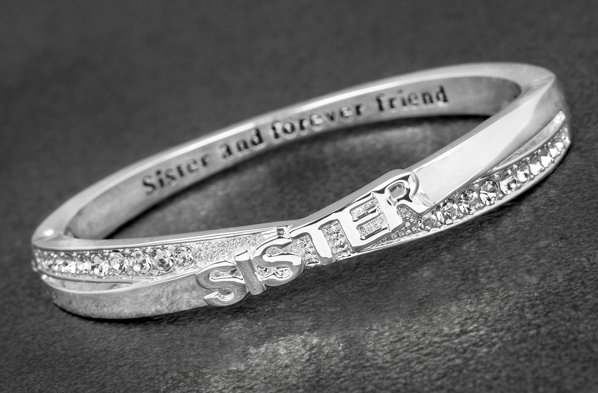 'SISTER' Hidden Message 'Sister And Forever Friend' - Silver Plated Diamante Hinged Bangle