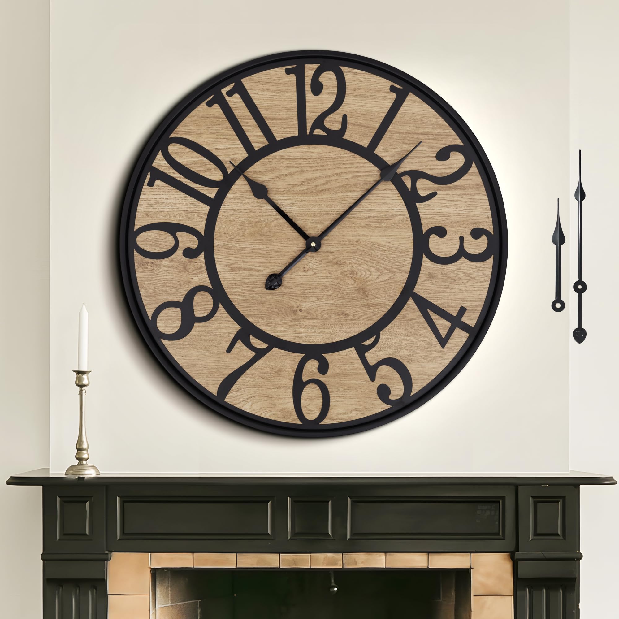 Photo 1 of Mee 2ou Large Wall Clock for Living Room Decor - Non-Ticking, Battery Operated Modern Vintage Wood Clock for Bedroom, Kitchen, Farmhouse, Office - Oversized Decorative Silent Clock