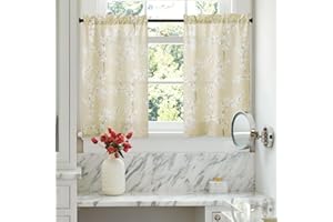 FMFUNCTEX Beige Kitchen Curtains 36 Inch Length White Blossom Floral Print on Canvas Tier Curtains for Small Windows Basement Bathroom Laundry Closet Rustic Curtains Rod Pocket 2 Panels