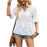 SweatyRocks Women's Ruffle Half Sleeve Peplum Blouses V Neck Babydoll Eyelet Embroidery Tops