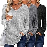Sweetyweee 3 Pack Womens Long Sleeve Shirts V Neck Tunic Tops Loose Fit Lightweight Sweaters Basic Casual Fall Clothes