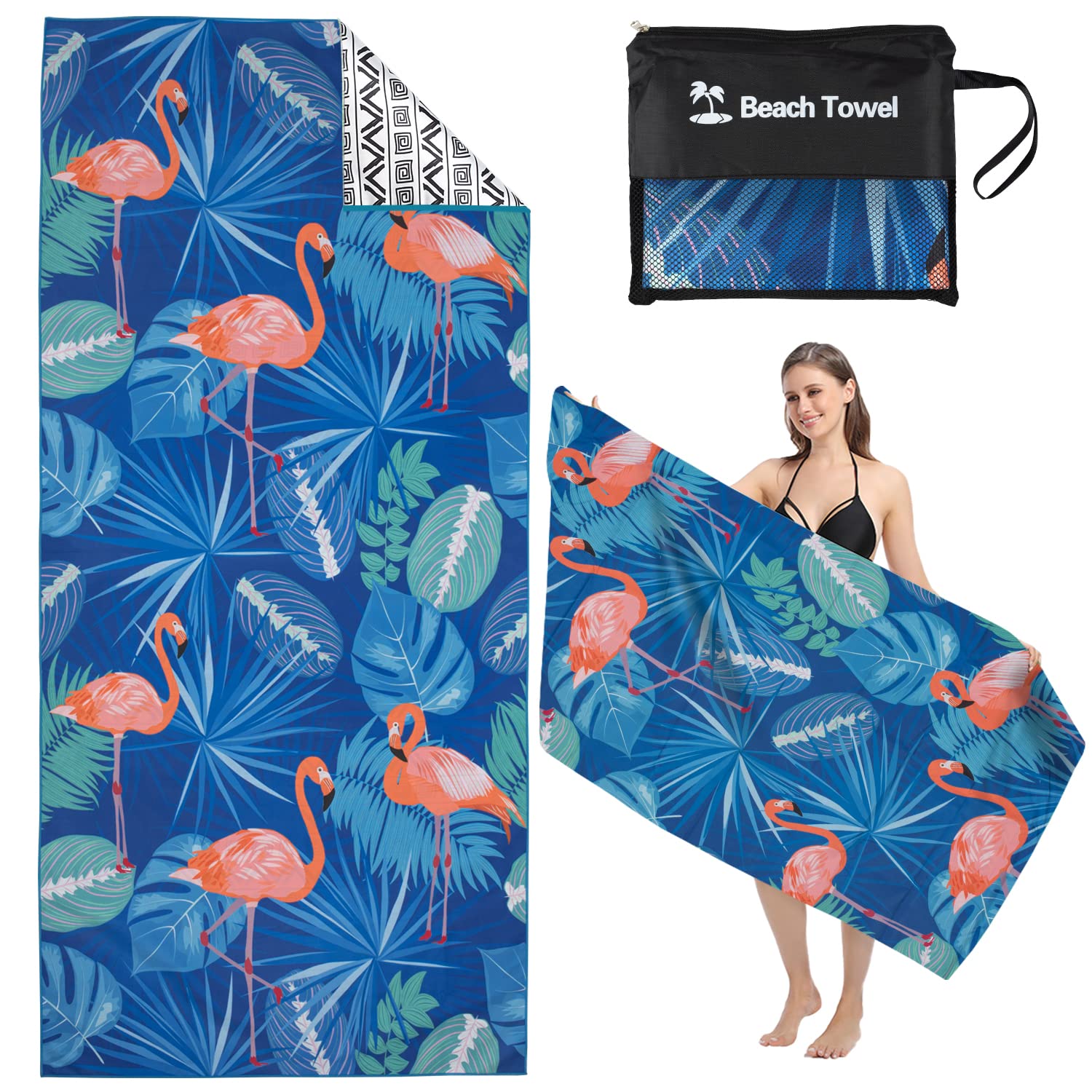 MEQUER Microfibre Beach Towel, Beach Towels For Adults, 71"x32"Extra Large Quick Dry Sand Free Beach Towel, Lightweight Swimming Towel Travel Towel for Beach, Pool, Gym, Camping (Flamingo Blue)