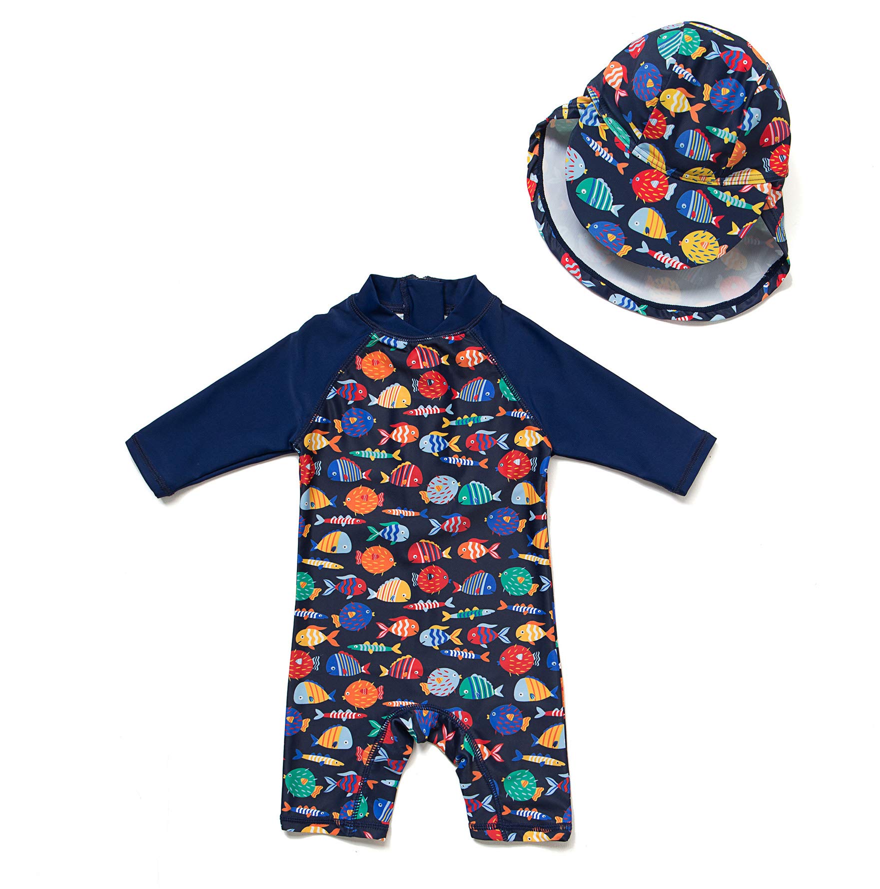 BONVERANO Baby Boy One Piece 3/4 Sleeve Length UV Protection 50+ Swimsuit with One Zip, Colourful fish, 12 Months