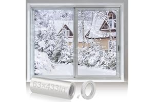 APIPI Thicken 63×433in Window Insulation for Winter - Fits 10 Windows of 3' x 5' Clear Plastic for Patio Winterizing, Cuttable Heat Shrink Window Film with Double-Sided Tape