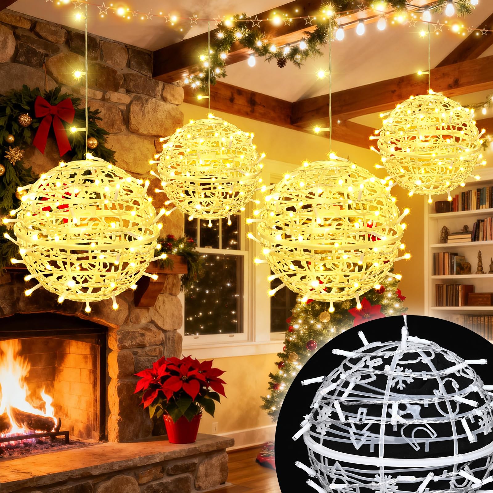 Photo 1 of Outdoor Christmas Balls Lights, Christmas Light Balls Outdoor, 4 Pack 7.48" Xmas Ball Lights with 8 Lighting Modes, Plug-in Sphere Tree Lights for Garden, Party, Porch, Patio, Yard, Warm White