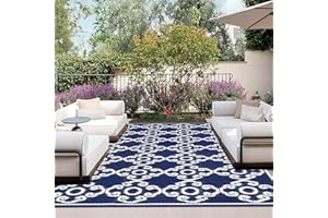 OutdoorLines Outdoor Reversible Rugs for Patio 4x6 ft - Outside Plastic Carpet, Stain & UV Resistant Portable RV Mat, Straw Rug for Camping, Backyard, Deck, Picnic, Porch Moroccan Flower Navy & White