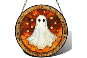 JOSUMALY Stained Glass Window Hanging - Halloween Decorations White Ghost Suncatcher for Doors Garden Indoor Spooky Funny Orange Sun Catchers Gothic Decor Horror Gifts for Women Men Friend 6.3 in