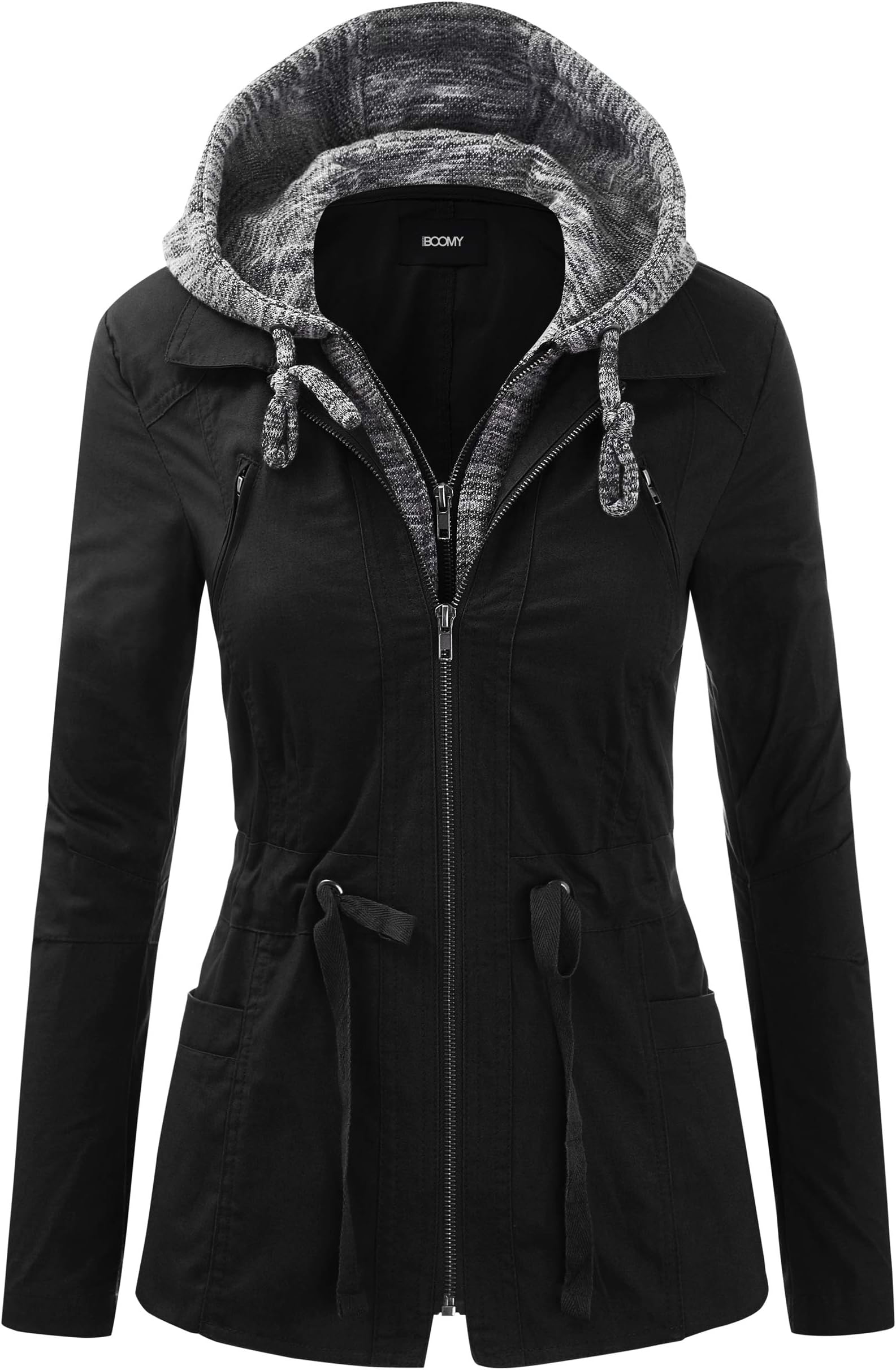 Women's Zip Up Safari Military Anorak Jacket with Hood Drawstring - Regular and Plus Sizes