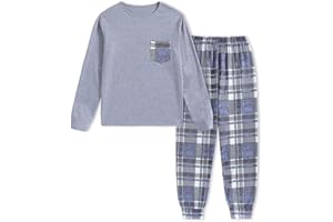 Tshyfiper Kids Pajamas Boys Long Sleeve Plaid Pjs Set Tween 2-Piece Gray Sleepwear Loungewear Clothing 5-14 Years