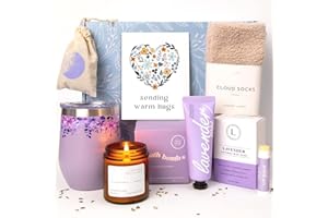 UNBOXME GIFTS Unboxme Lavender Spa Gift Basket For Women - Relaxation Gifts I Self Care Package with Lavender Scented Candle, Wine Tumbler, Bath Bomb, Soap, Socks, Hand Cream & Bonus Card | Sympathy Gift
