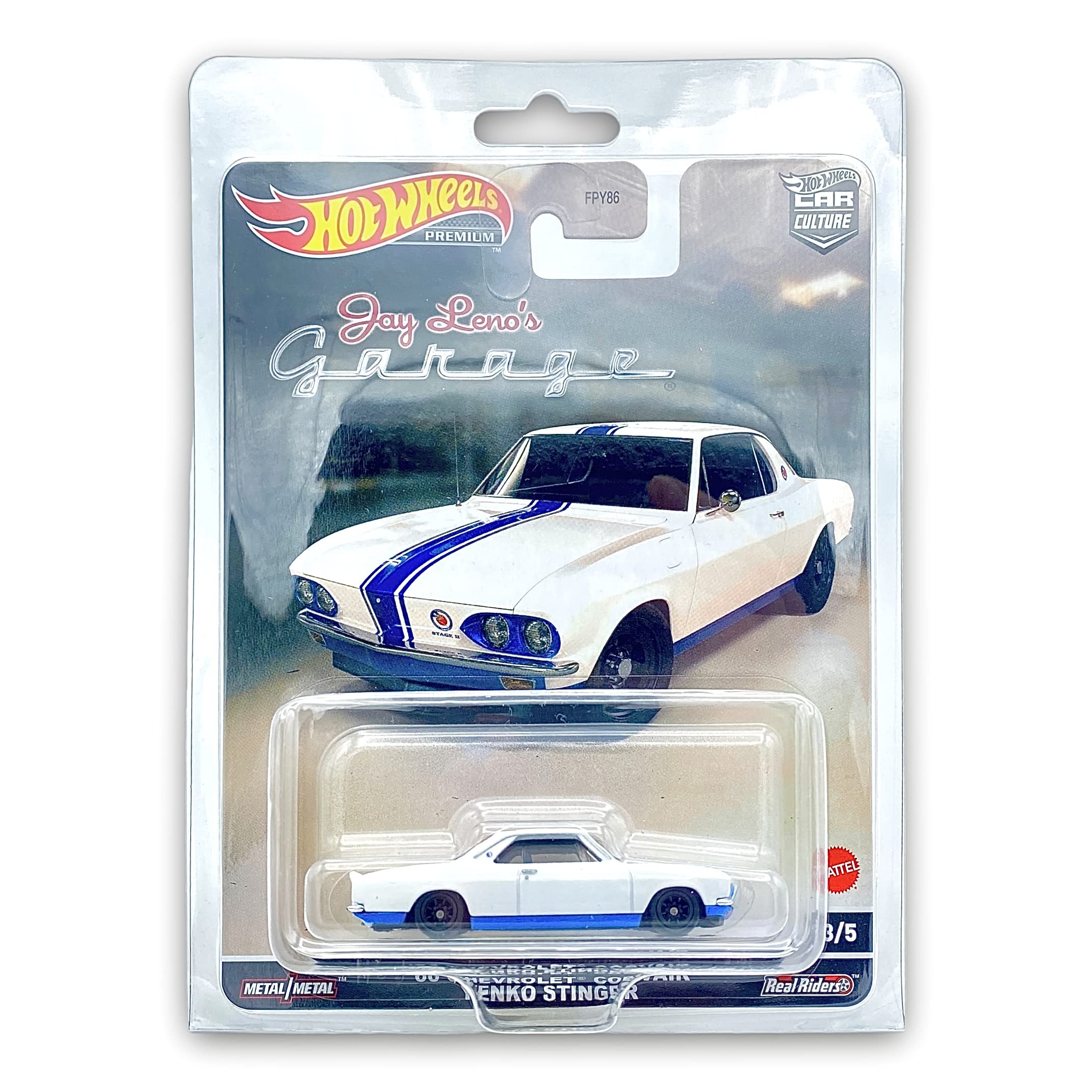 Hot Wheels Premium Car Culture Real Riders - '66 Chevrolet Corvair Yenko Stinger (White & Blue) - 3/5 Jay Leno's Garage - 2022 - COMES IN A KLAS CAR KEEPER PROTECTIVE COLLECTORS CASE - HCJ84