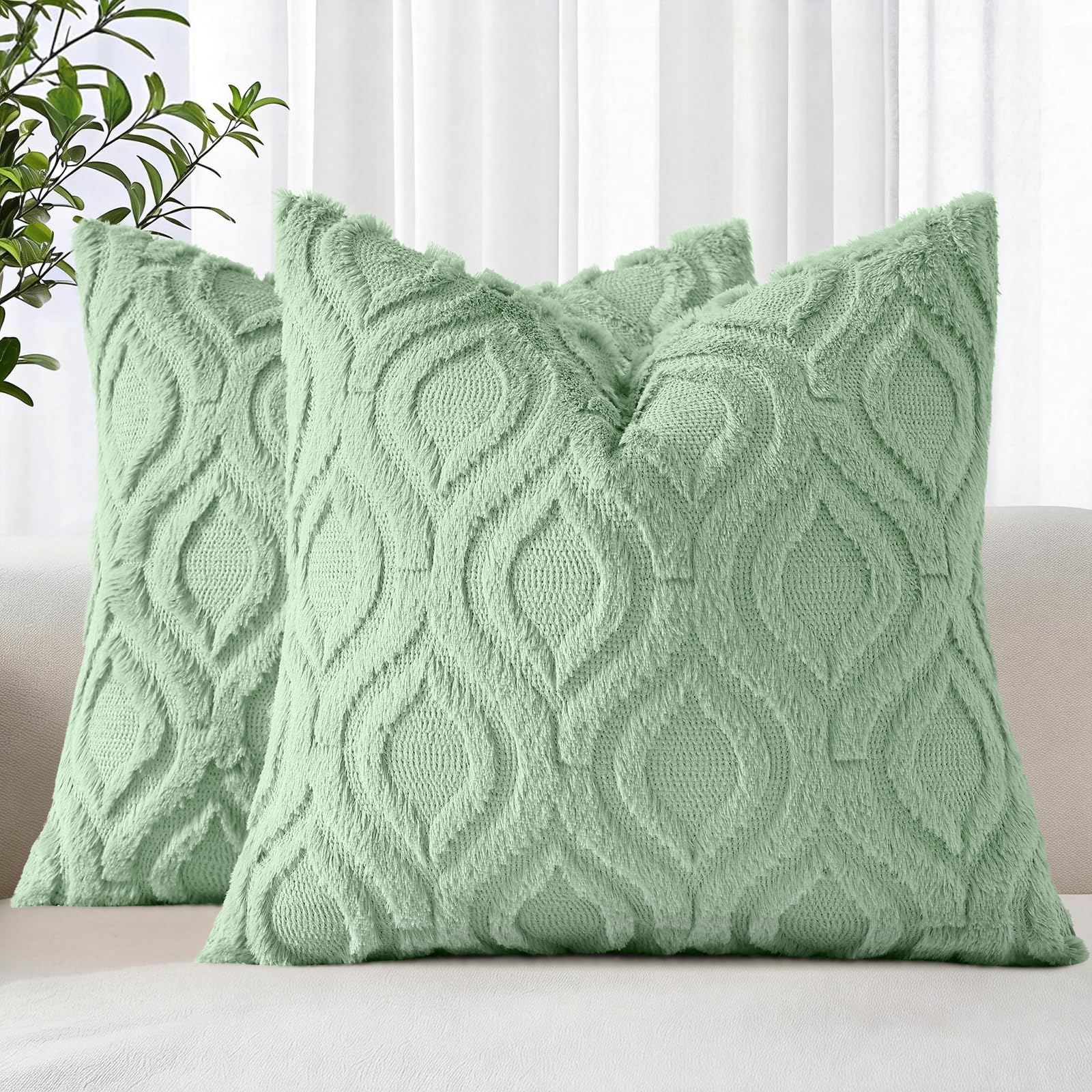 decorUhome Throw Pillow Covers 24x24 Inch Set of 2, Soft Plush Faux WoolSage Green Solid Couch Pillow Covers, Accent Euro Sham Farmhouse Neutral Square Pillow Cases for Sofa Bed Living Room Image