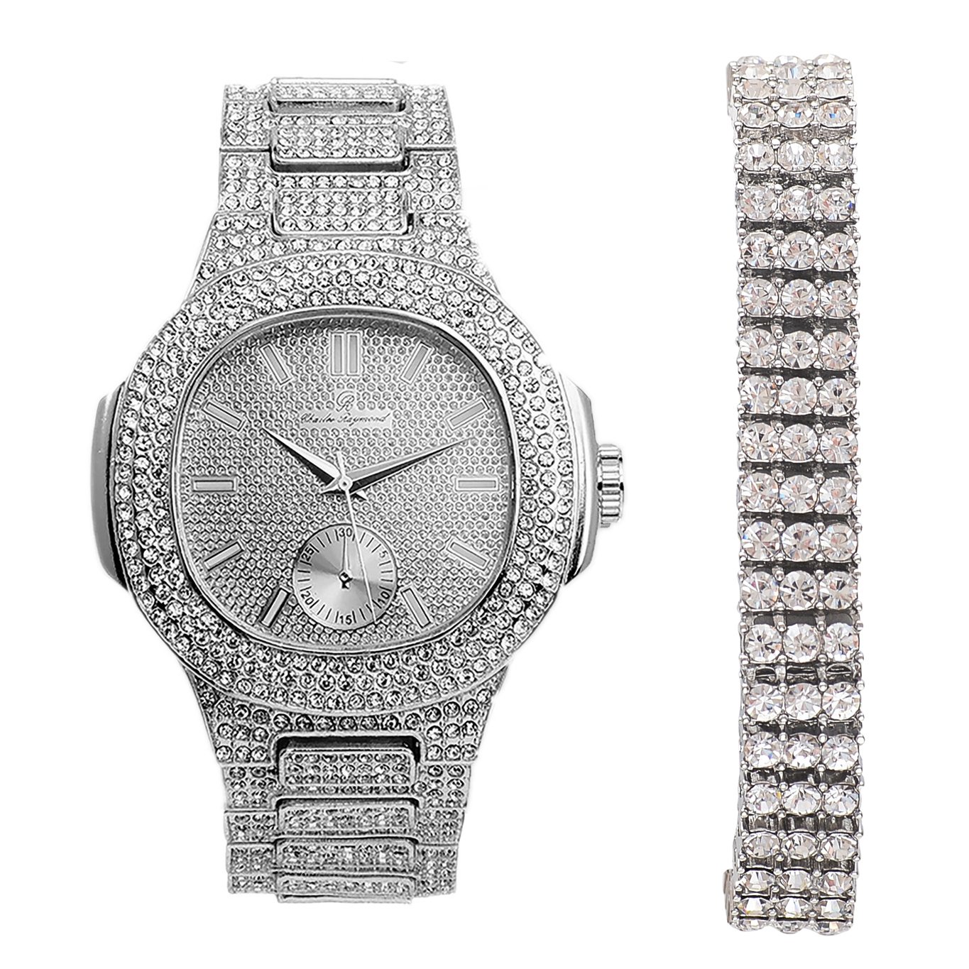 Charles Raymond Bling-ed Out Hip Hop Mens Watch w/ 2 or 3 Row Iced Tennis Bracelet, Silver - 8475, 3 Row Bracelet