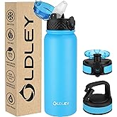 OLDLEY Insulated Water Bottle 20oz Water Bottles with Straw, Stainless Steel Water Bottle with 3 Lids, Double Wall Vacuum Bottles for Adult Kids, Sports Bottles for School Travel,Blue