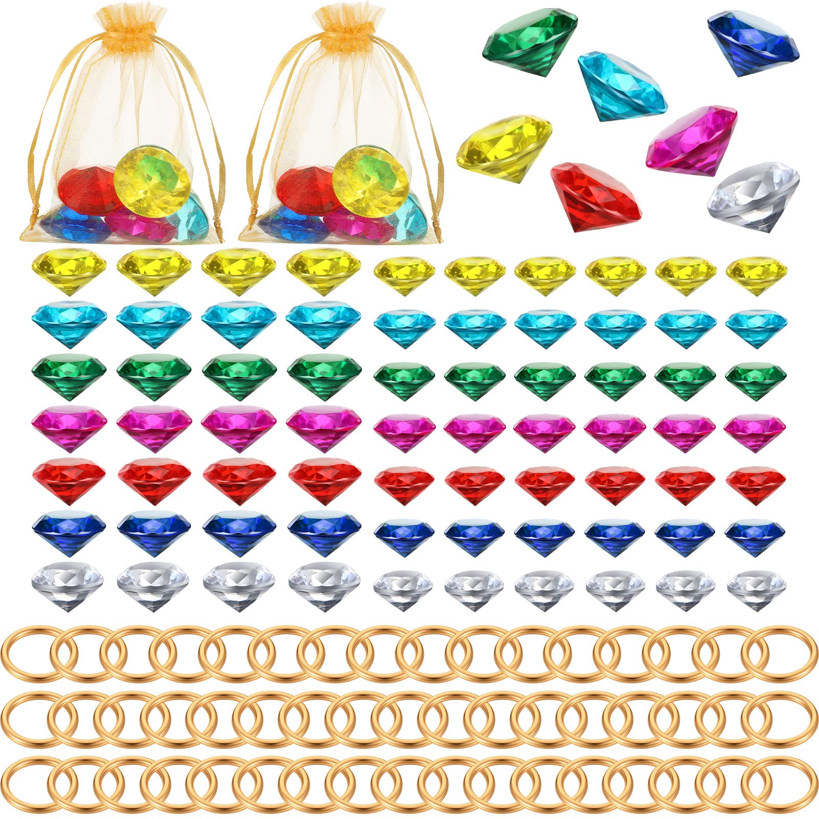 Photo 1 of Chalyna 122 Pcs Acrylic Diamond Gems Jewels and Alloy Gold Round Ring Set Halloween Party Pirate Treasure Hunting Favor Cake Ornament Decor with Gift Bag