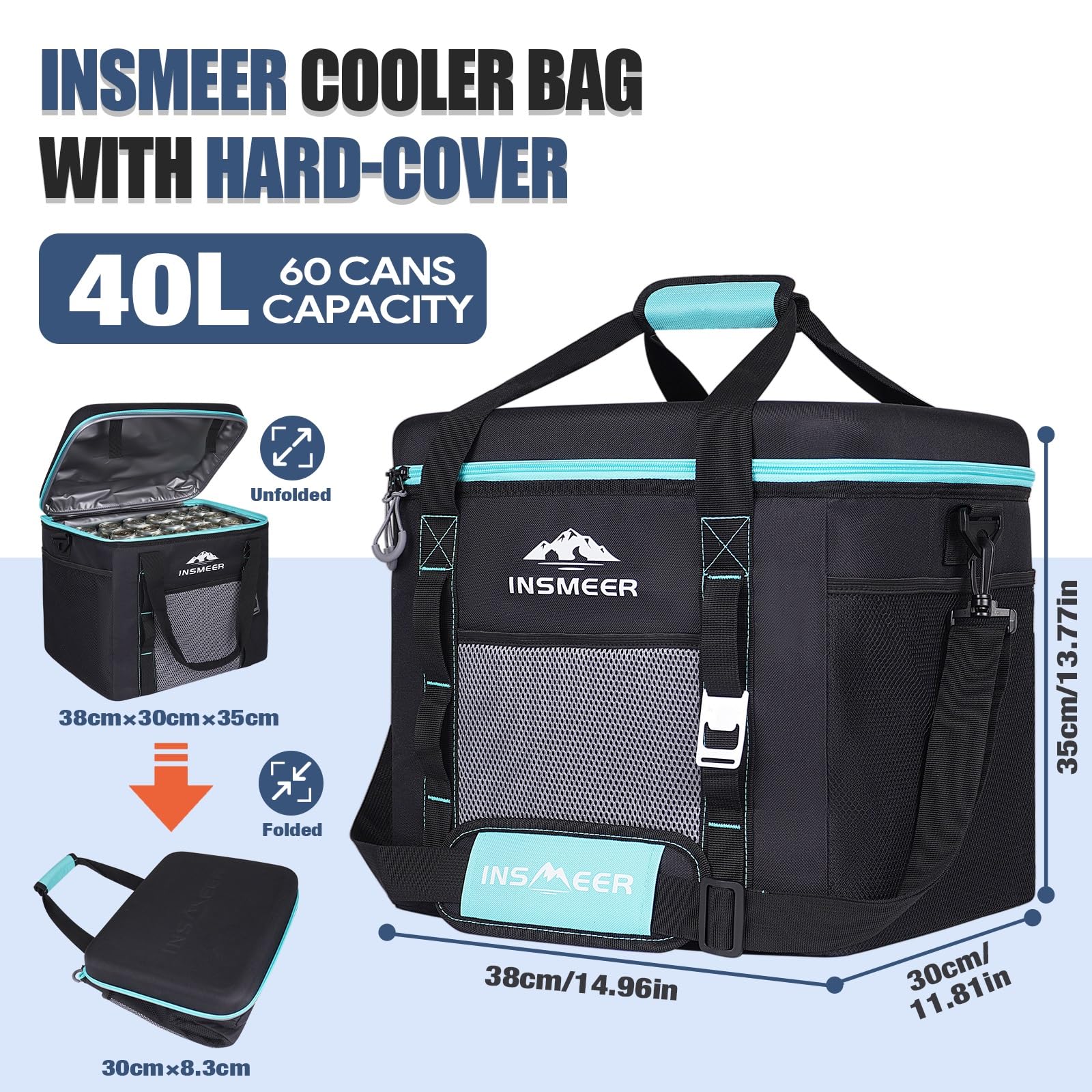 INSMEER Kühltasche Groß 40L, 60 Dosen Kühltasche Faltbar mit Hart Eva Dach, Wasserdicht Gross Kühltaschen, Kühlbox, Isoliertasche, Thermotasche für Camping, Picknick, Strand 2