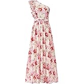 BTFBM Women Summer One Shoulder Floral Wedding Guest Dresses Sleeveless Smocked Ruffle Flowy Beach Vacation Maxi Dress