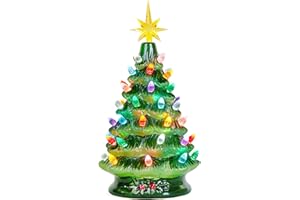 Joiedomi 12" Ceramic Christmas Tree, Table Top Christmas Tree with Flower Leaf, Vintage Pre-lit Xmas Decor with LED Lights, Battery Operated Hand-Painted Xmas Decorations Indoor Home