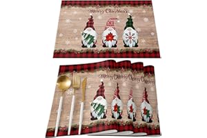 VANDARLLIN Gnomes Christmas Decorations Placemats Set of 6, Farmhouse Buffalo Plaid Red Black Cotton Line Stain Resistant Table Mats Washable Holidays Placemat For Kitchen Dining Table Winter Snowflakes