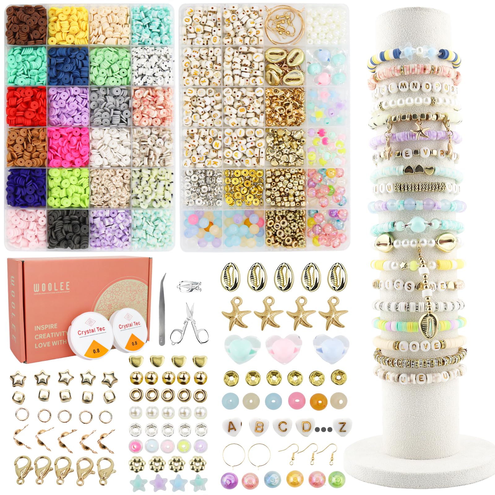 WOOLEE Clay Beads Bracelet Making kit, Polymer Clay Beads Friendship Bracelet Making kit, 24 Colours, Charms Jewellery Making kit for Bracelets Necklaces Girls' Gift