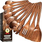 Kikcoin Wood Kitchen Utensils Set, 10 PCS Solid Teak Wooden Spoons for Cooking with Long Handle Heat-Resistant Wooden Cooking Utensils Set for Non-stick Cookware Including Hanging Hole