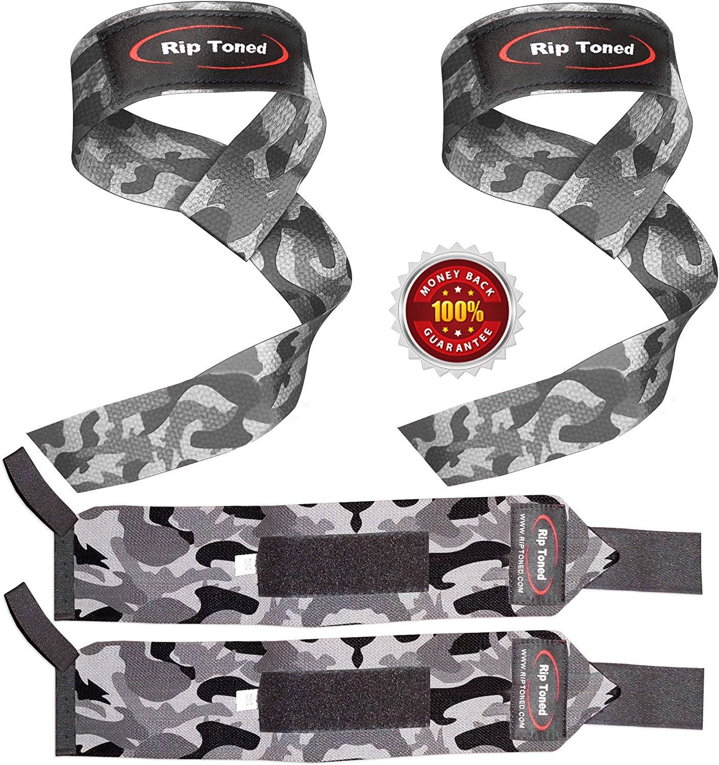 Rip Toned Lifting Straps + Wrist Wraps Bundle (1 PAIR of Each) Bonus Ebook* for Weightlifting, Xfit, Workout, Gym, Powerlifting, Bodybuilding