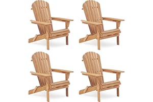 WOOD-NATRL Wooden Folding Adirondack Chair Set of 4, Pre-Assembled BackRest Wood Lounge Chair for Outdoor Patio Garden Lawn Backyard Deck Pool Beach Firepit
