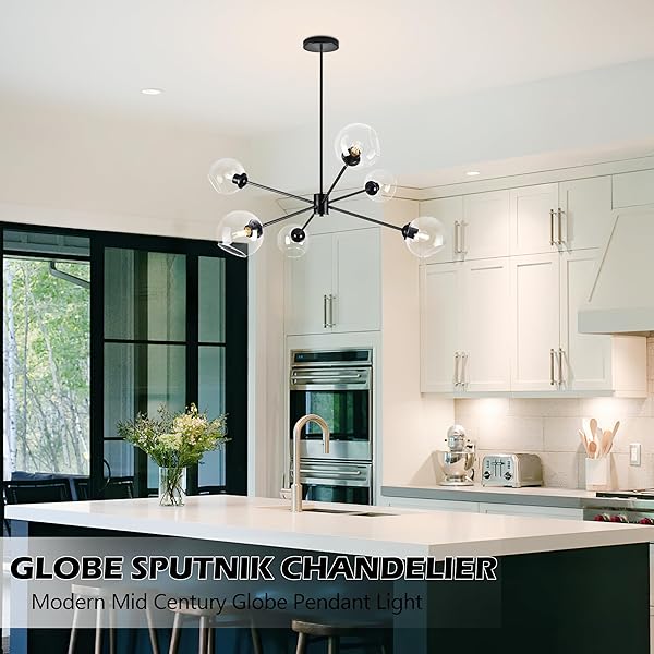 KOKO&YUKINA 6-LIGHT GLOBE SPUTNIK CHANDELIER MODERN BLACK SPUTNIK CHANDELIER MID CENTURY PENDANT LIGHT MATTE BLACK FINISHED WITH CLEAR GLOBE GLASS LAMPSHADE CHANDELIERS FOR DINING ROOM KITCHEN BEDROOM