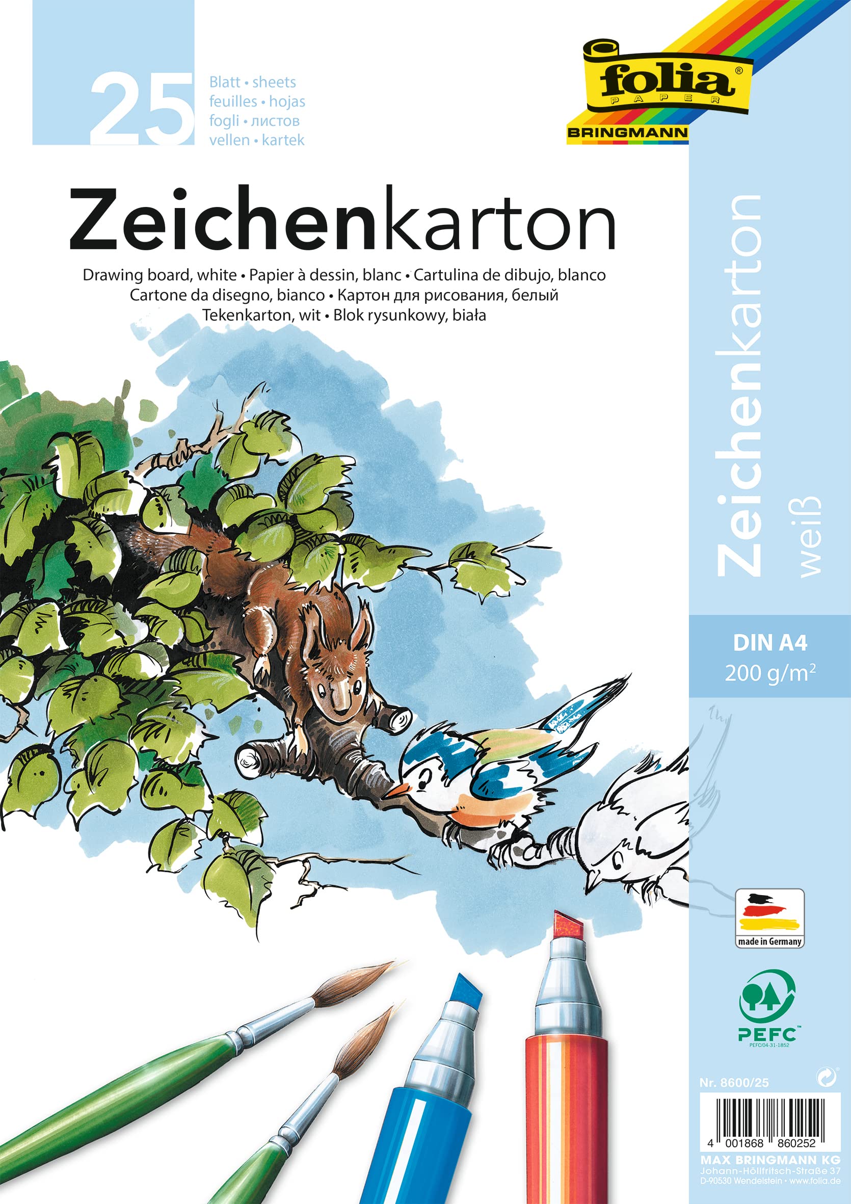 folia 8600/25 Drawing Card 200 g/m² DIN A4 25 Sheets White Drawing Paper for a Wide Range of Creative Ideas