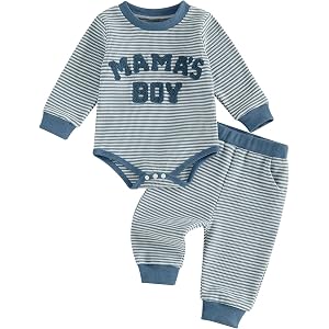 Onfmst Baby Boy Fall Clothes Mamas Boy Long Sleeve Romper and Pants Set | Waffle Knit, Striped, Embroidered, 3 6 9 12 Months,